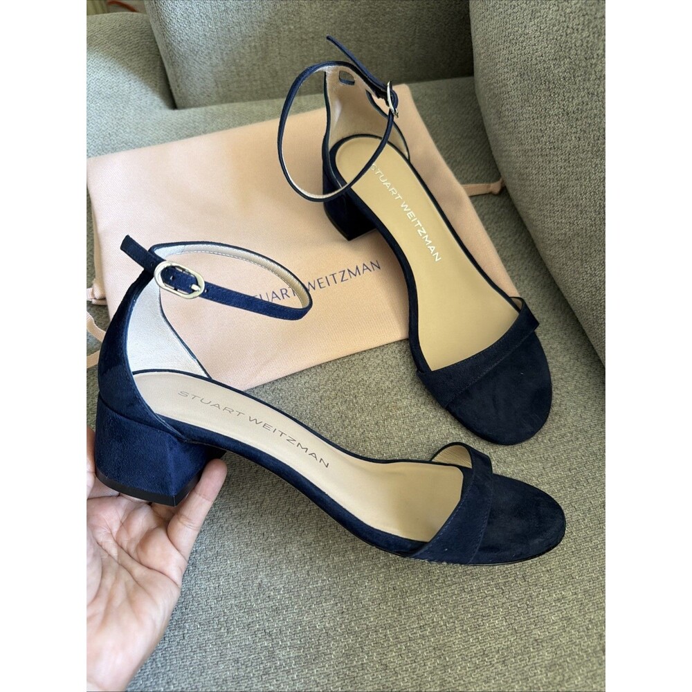 Stuart  Weitzman  Nudist Curve  35  Sandal Navy Blue Suede Leather Sz 6.5B NWOB